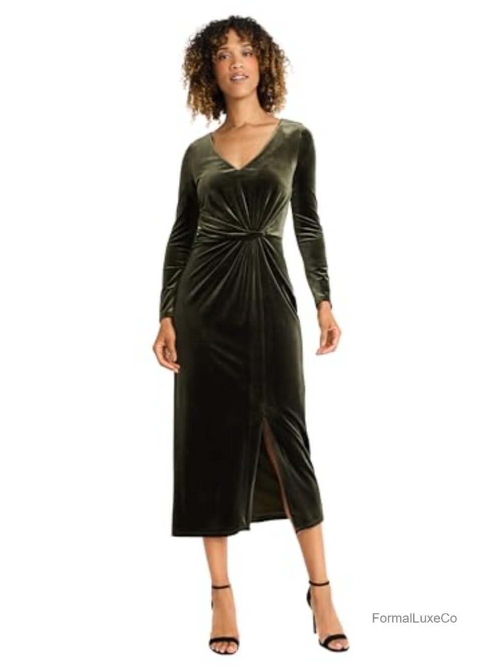 Long Sleeve Velvet Midi Dress with Draped Knot & Slit
